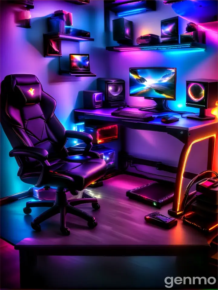 a computer desk with a chair and a computer on it
