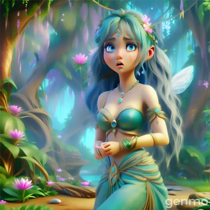  a worried  beautiful fairy woman  with blue hair wearing blue lehehenga,flower  on the head in the jungle   standng barefoot3D animation cartoon 