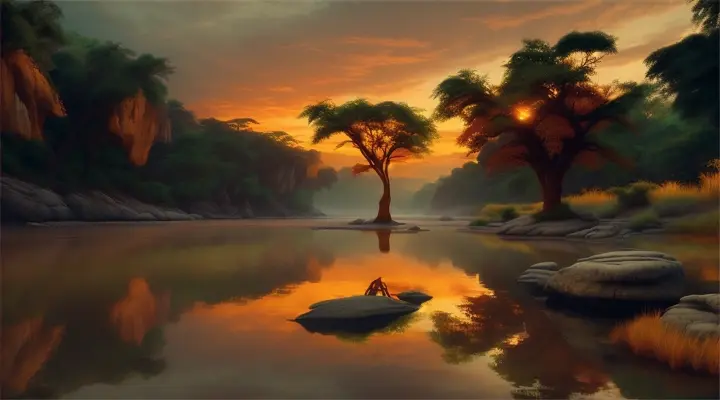 create an image of a river in nigeria at sunrise. no canoes. add rocks