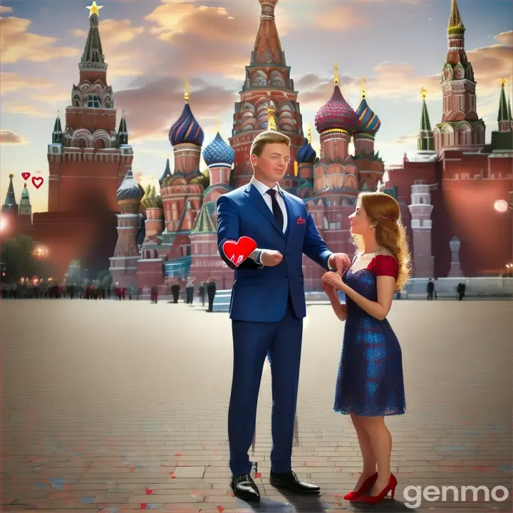 Двойной портрет бизнесмена дающего красное хрустальное сердце  женщине в лазурном платье, установленный на фоне красной площади в Москве 