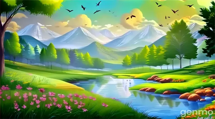 a painting of a beautiful landscape with flowers and trees