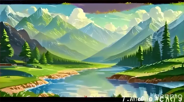 a painting of a beautiful mountain scene with a river