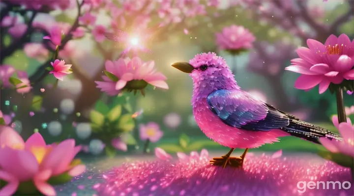 creation of a  sparkling birds  in sparkling  pink flower magical garden  16:9