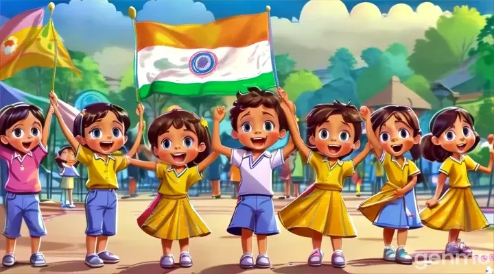 a group of children standing in front of a flag