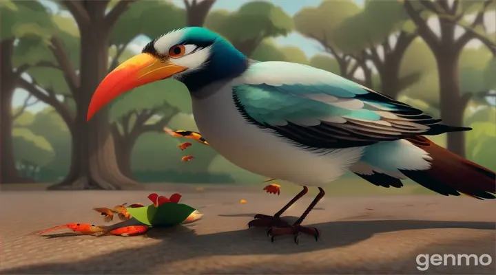 Here is a script for a 10-second animation of a bird eating:

(0s-1s): A bird is perched on a branch, looking down at a juicy worm in front of it.

(1s-2s): The bird tilts its head, eyeing the worm hungrily.

(2s-3s): The bird's beak opens wide, and it leans down to grab the worm.

(3s-4s): The bird's beak closes around the worm, and it lifts it up.

(4s-5s): The bird swallows the worm, and its throat bobs up and down.

(5s-6s): The bird looks satisfied, and its eyes shine with delight.

(6s-7s): The bird begins to preen its feathers, smoothing out its plumage.

(7s-8s): The bird glances around, checking for more food.

(8s-9s): The bird spots another worm and leans down to grab it.

(9s-10s): The bird takes off, flying away with its prize.

Let me know if you'd like me to modify the script!