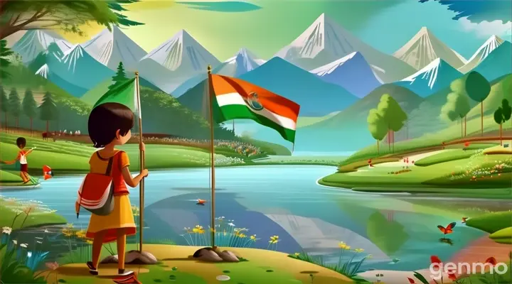 a girl holding a flag in front of a river