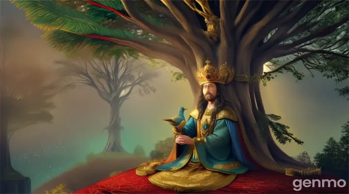 Regal king kneeling before oracle bird perched on a glowing, cosmic tree, in a mysterious forest