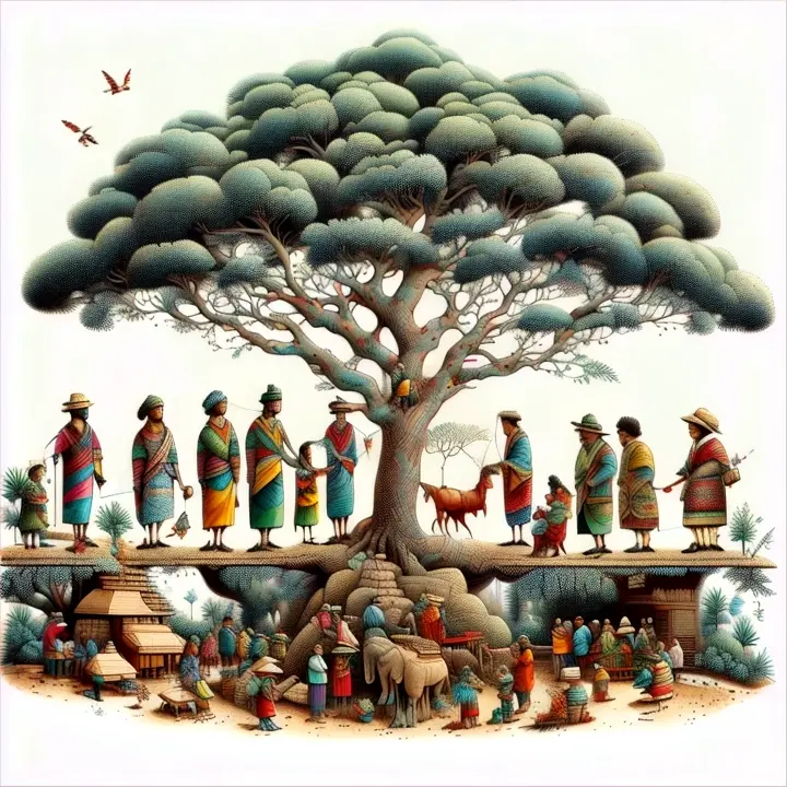 a group of people standing around a tree