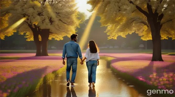 8k wide shot: A young Pakistani couple wearing trendy jeans shirts walks in Heaven’s Garden of Eternity, where trees bear fruits of light and flowers bloom in colors unseen on Earth. The couple is surrounded by a soft, golden glow, and the air is filled with the sound of peaceful, flowing water.