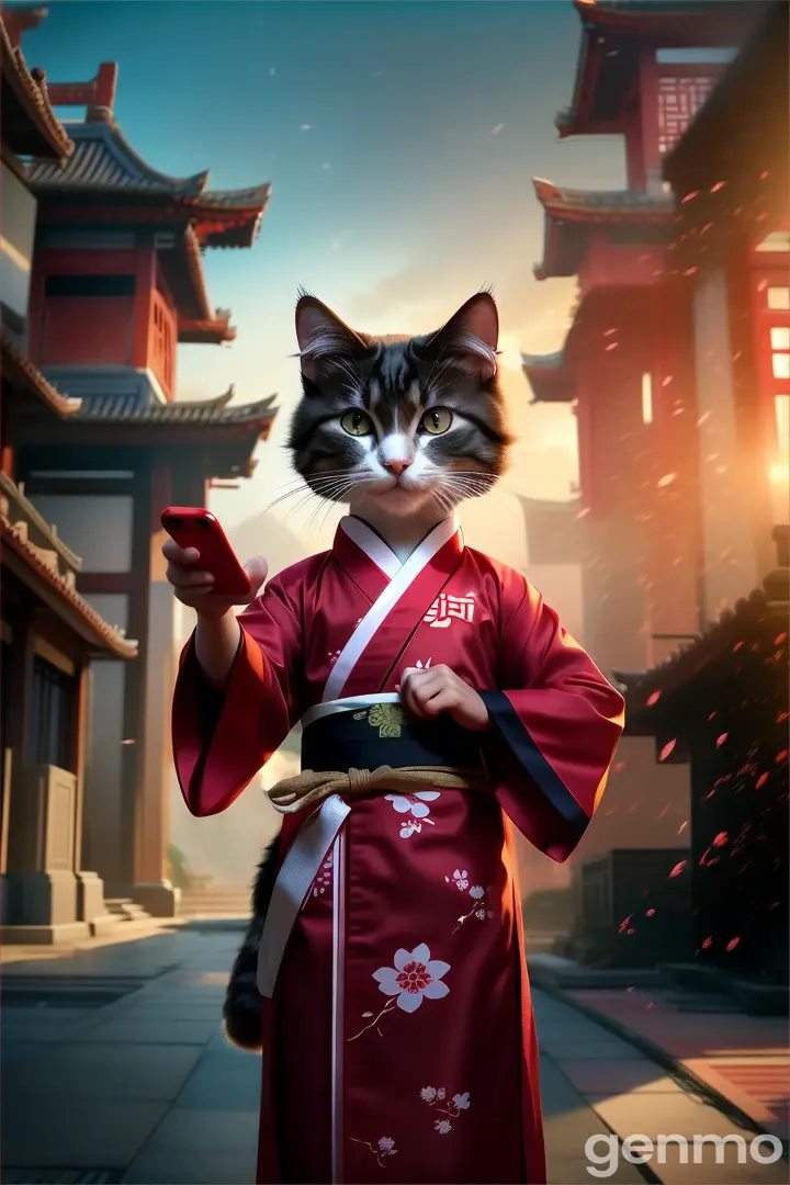 cat in traditional chinese kimono holding in paw smartphone and make selfie 9:16