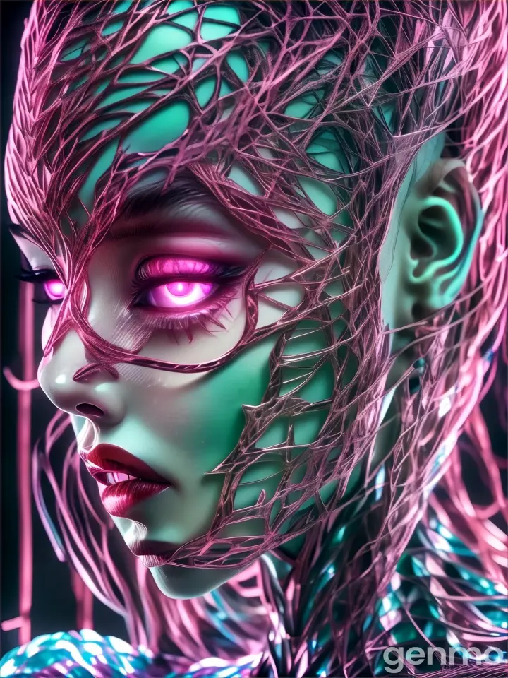 a futuristic woman with pink eyes and hair