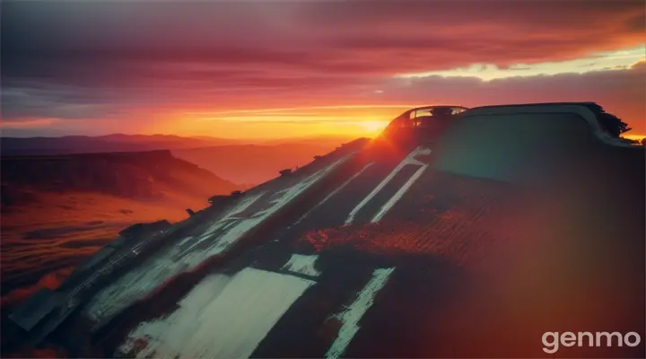 Rusted airplane wreckage atop a mountain with a colorful sunset behind, casting a warm hue over the surroundings