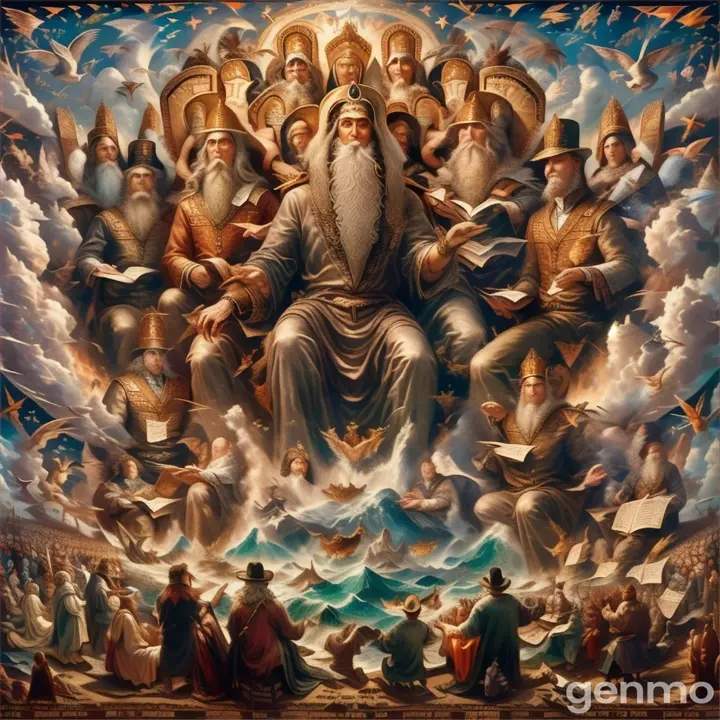 a painting of a man surrounded by other men