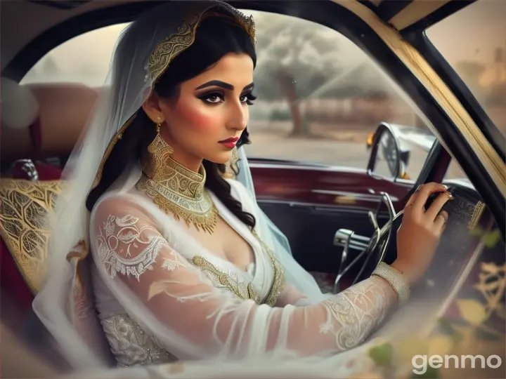 A solemn Arabic bride seated in a car, her gaze fixed on the falling leaves outside a foggy window