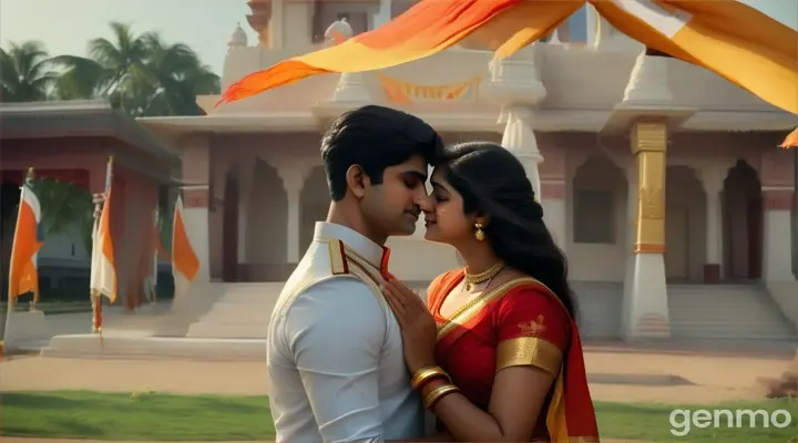 Scene 6: The Reunion (2:31 - 3:00)

Visual: Aryan returns to the village. The scene shows Rhea waiting by the temple, her heart pounding with anticipation. Aryan walks towards her, and they share a long, emotional embrace. They hold hands, looking into each other’s eyes with tears of happiness. The villagers cheer around them, and Aryan lifts Rhea up in celebration. The camera pulls back to show the Indian flag fluttering in the breeze, symbolizing the union of love and patriotism.
Music: The final notes are a blend of romantic and patriotic themes, ending on a high note of unity and love.