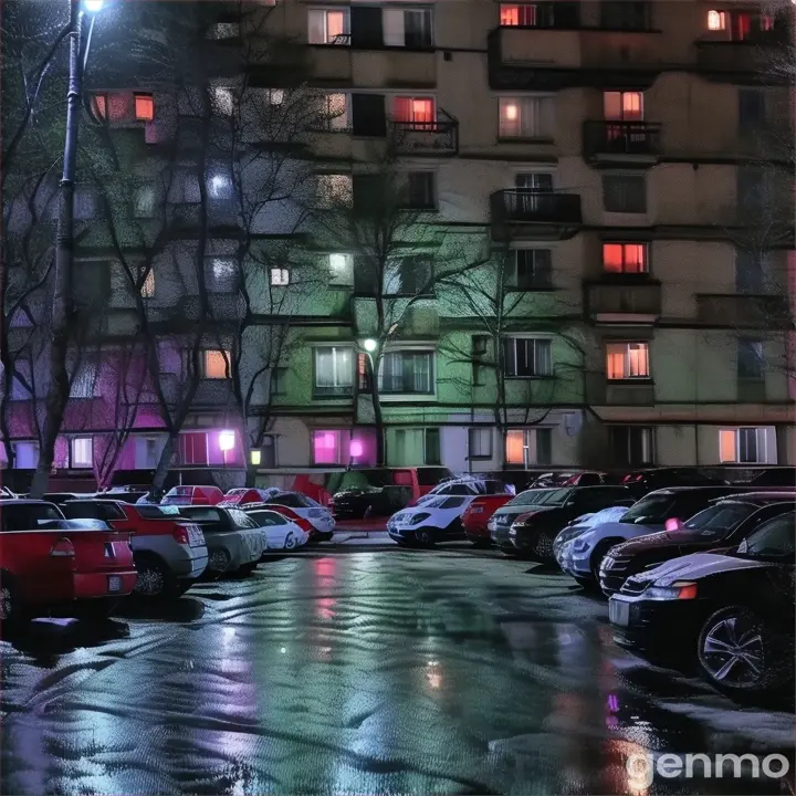 cars parked in a parking lot at night