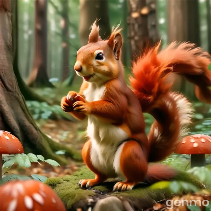 a red squirrel standing on its hind legs in a forest