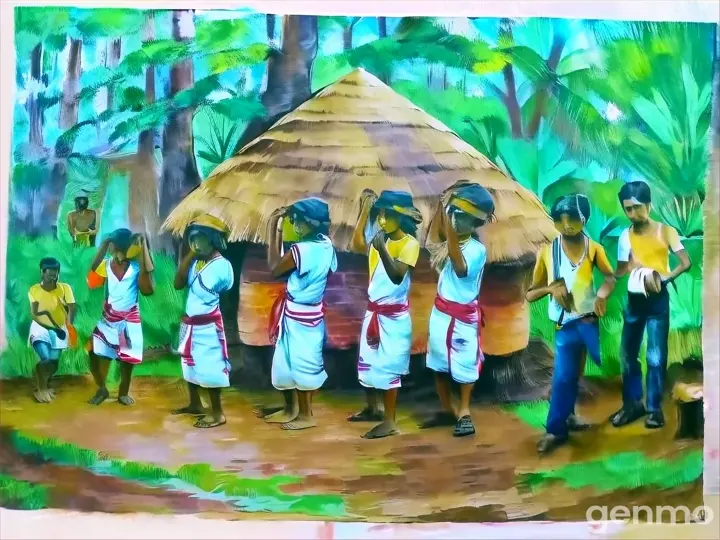 a painting of a group of people in front of a hut