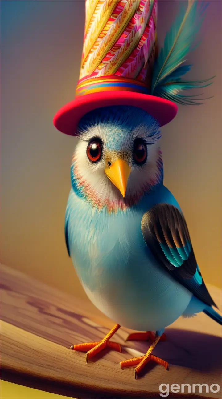 (0s-1s): A bird sits at a tiny desk, wearing a tiny designer's hat and holding a pencil.