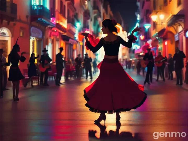 Flamenca silhouette at carnival among bright colors and lights, guitar player nearby