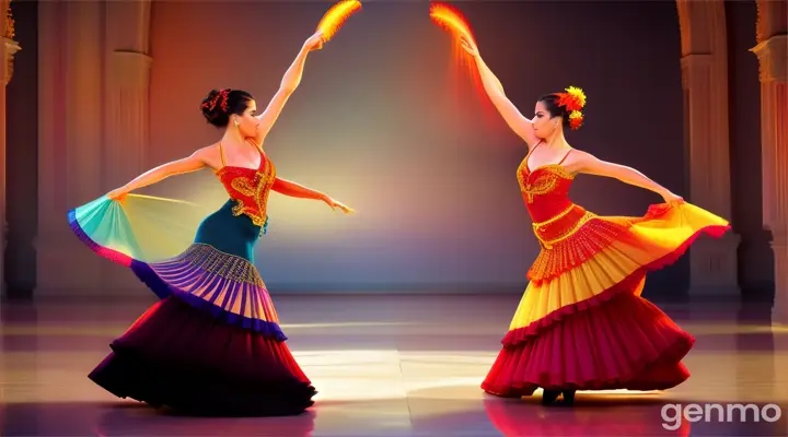 Flamenca dancers surrounded by fiery gradient, dynamic poses and elegant movements