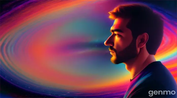 A mate gazing at cosmic waves with vibrant colors and gradients