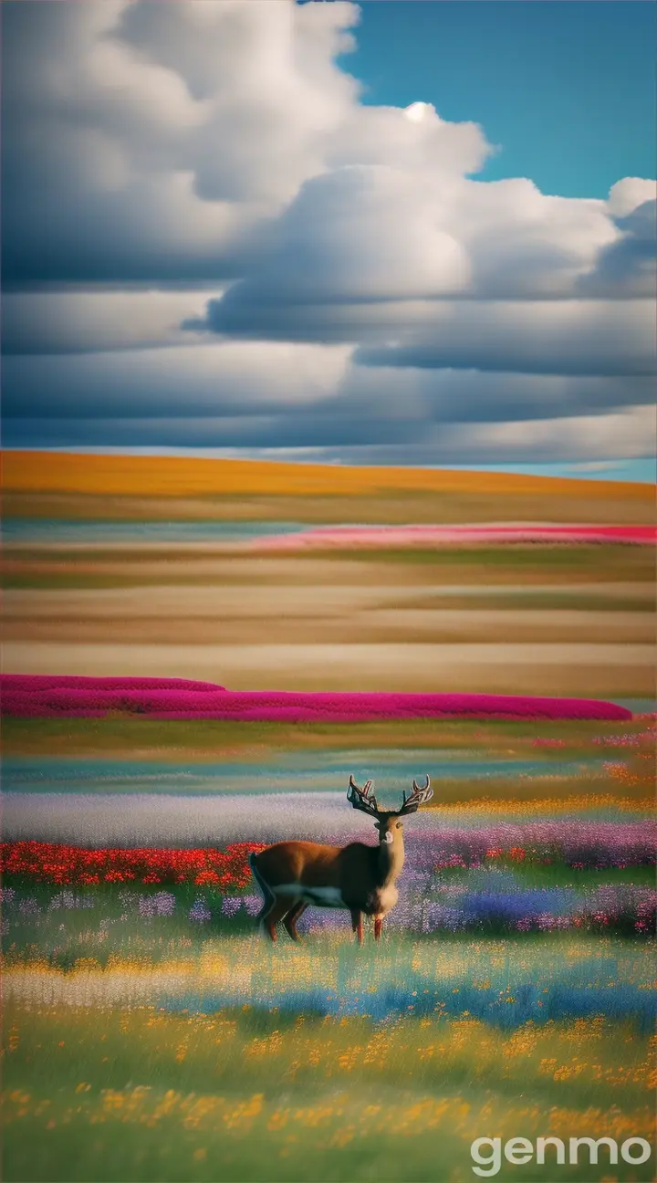 "A wide, open meadow filled with colorful wildflowers under a bright blue sky with a few fluffy white clouds. A deer stands in the middle of the meadow, sniffing a flower, while a frog hops around near the deer’s hooves."