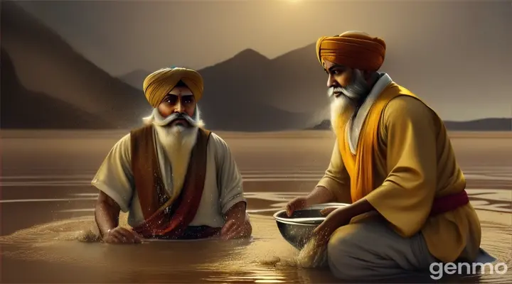 Guru Nanak was listening to everyone quietly, but Guru Nanak's favorite disciple Lahna did not care about getting his clothes dirty and he got down into the mud. He took out the bowl from the mud and washed it with clean water and gave it to Guru Nanak.