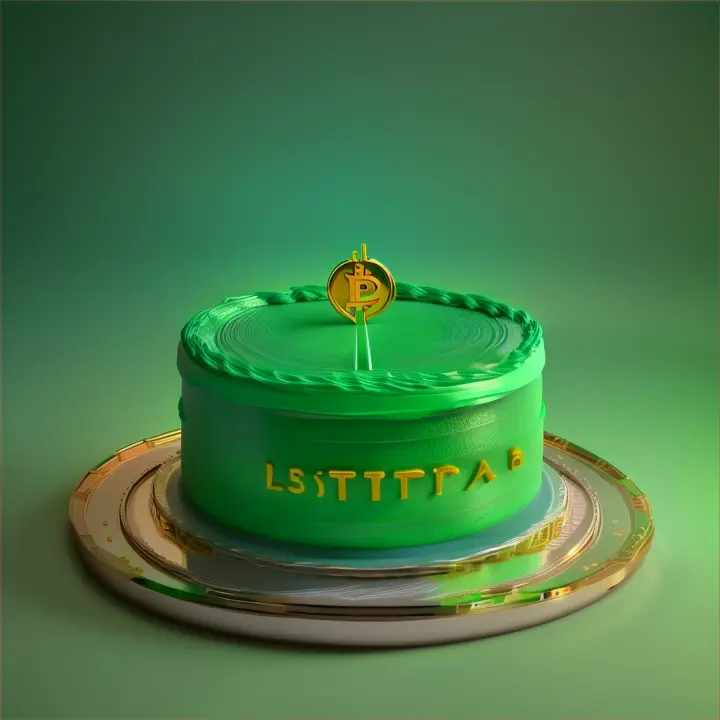 spinning cake in the form of cryptocurrency on a uniform green background