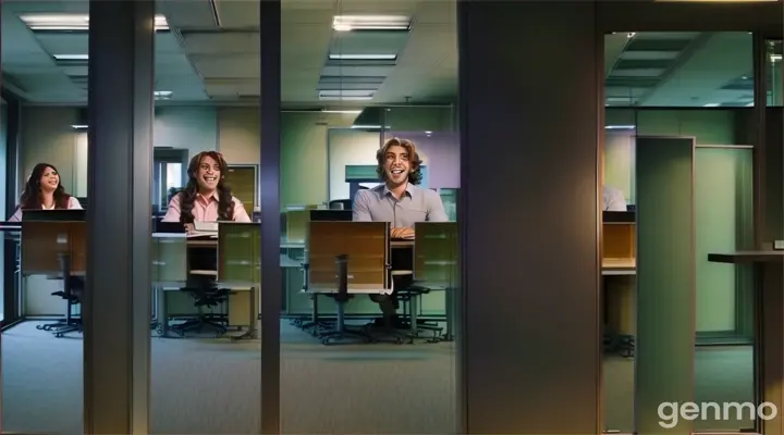 in the city, a view through the office glass partition wall shows a woman with Long wavy Black Hair in light pink long sleeve blouse shirt and a man with Fringe long brown hair in grey shirt sitting at office desks laughing loudly 