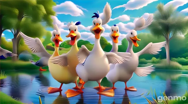 a group of ducks standing on top of a pond 3d cartoon