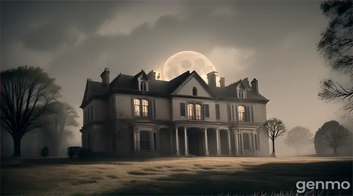 Nighttime, with thick clouds in the sky and faint moonlight breaking through. An old, eerie mansion stands outside the village, with broken windows and dusty walls adding to its haunted appearance. The mansion is surrounded by overgrown bushes and trees, with a slight mist drifting through the scene."