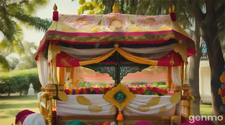 The bride's Doli being placed under a mango tree for rest.