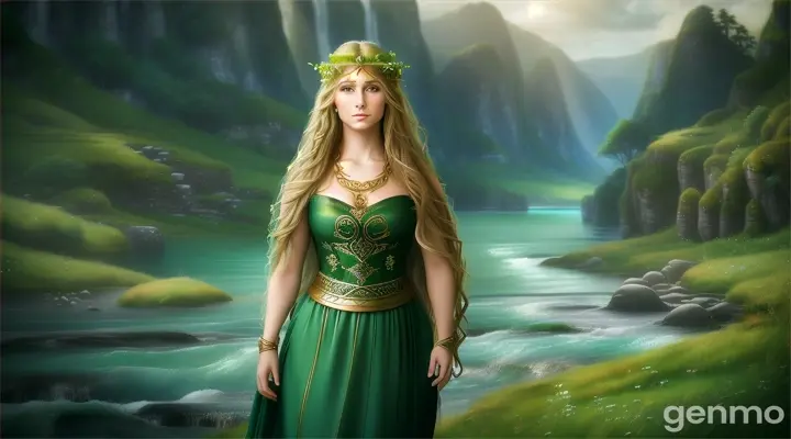 Beautiful Celtic Goddess Woman Danu, river, lush green landscape, mountains, sea, ethereal, otherworldly, (Widescreen)