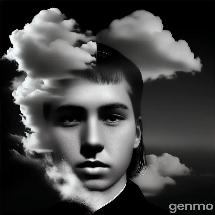 a black and white photo of a person's head with clouds in the background