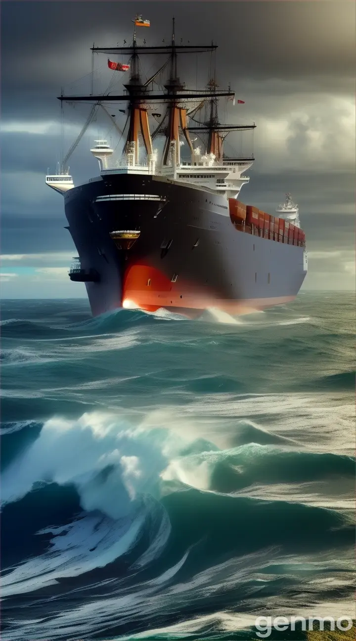 A large ship, is caught in the middle of a stormy sea, with its navigation systems failing.