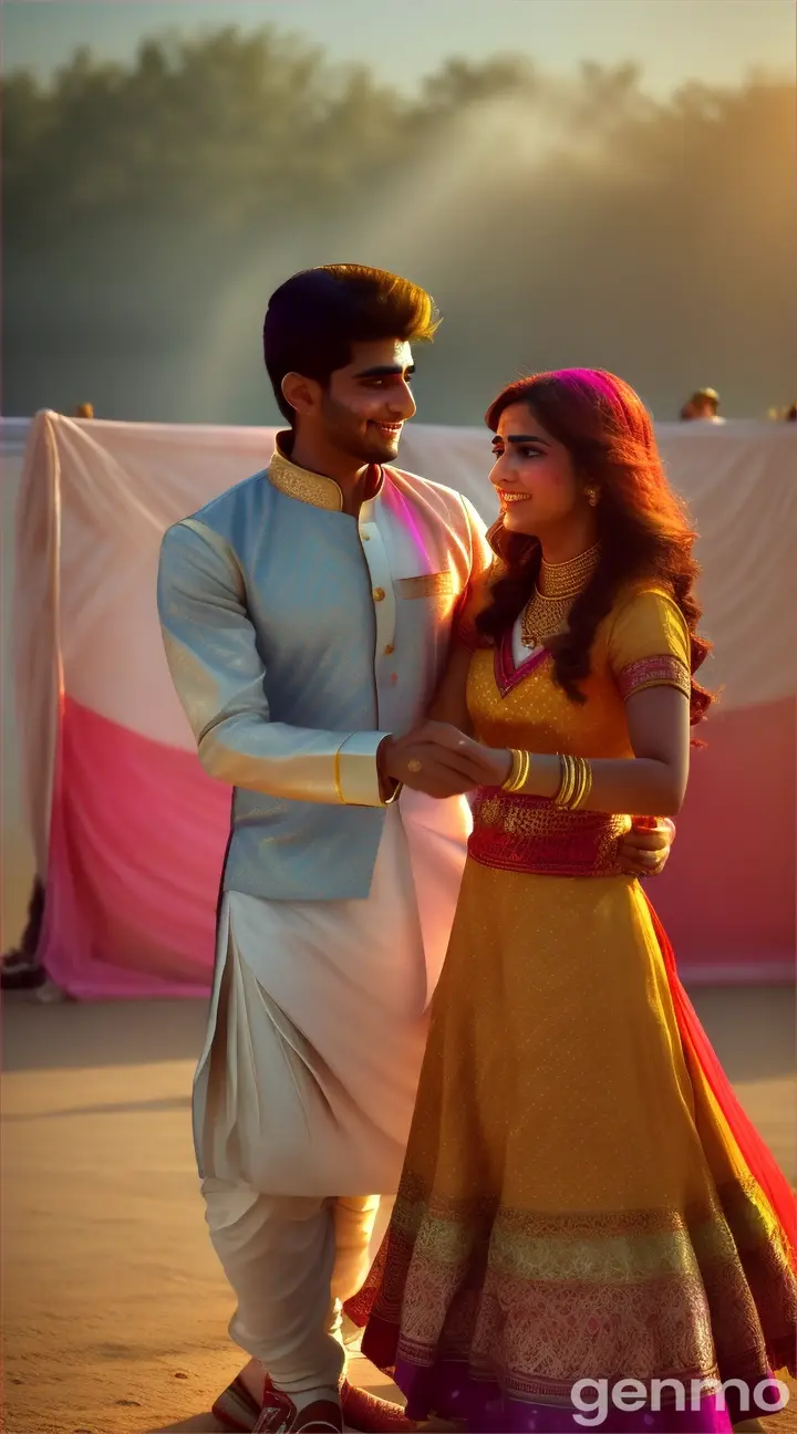 8k wide shot: A young Pakistani man and  girl dance at a wedding gathering.