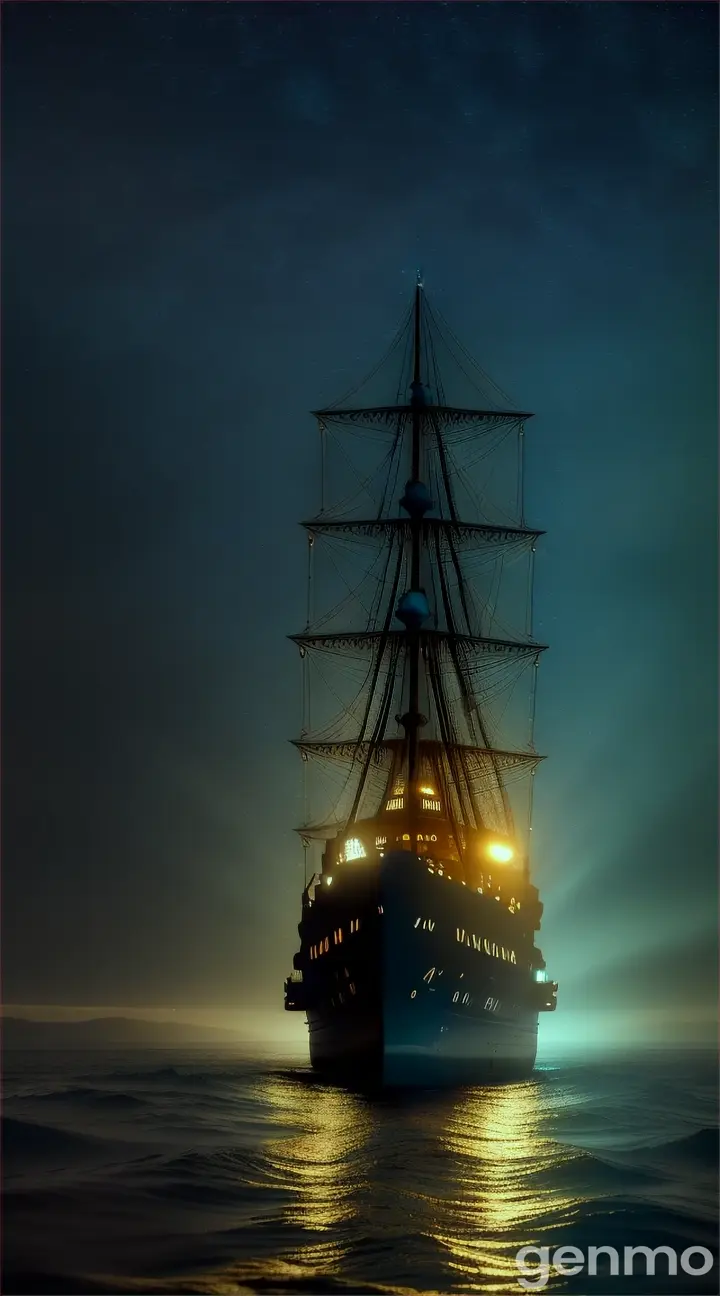 The ocean around the ship is glowing mysteriously with an eerie light.