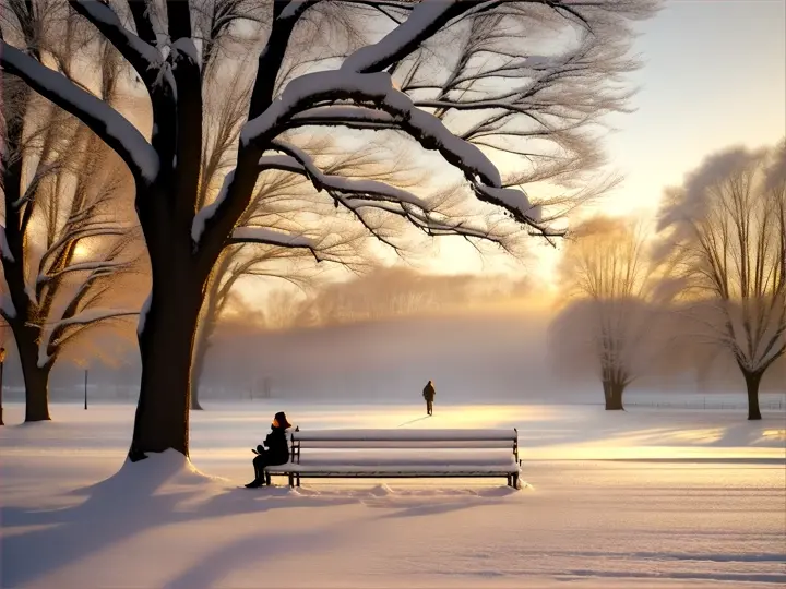 Person silhouette on empty bench in a snowy park, warm light casting shadows in the snow