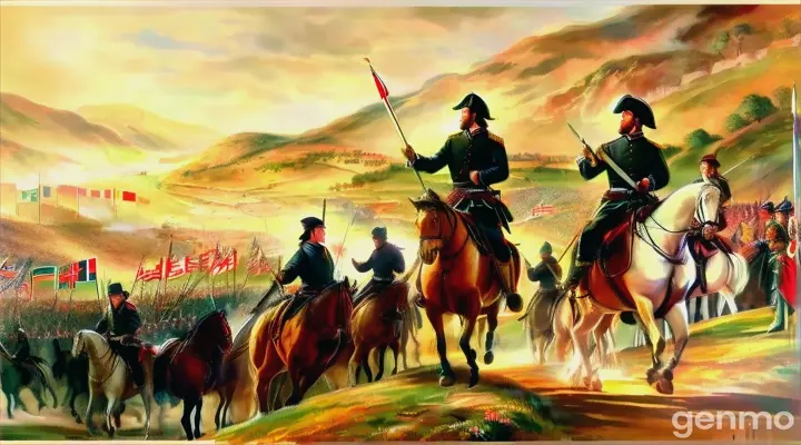 a painting of a group of men on horses, victory on the battlefield, swords and flags