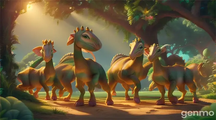 16;9  create 3d cartoon scene A herd of  cute Parasaurolophus sway and dance to an unheard rhythm, their crested heads bobbing in the warm sunlight.