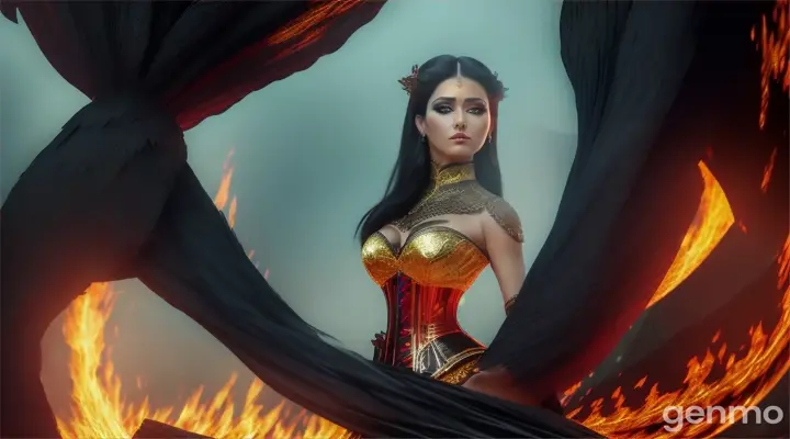 Full body shot, Masterpiece, Best quality, (Anime : 1.4). Scene: Burning forest. Revelations High resolution colorful UHD photo realistic, Stunningly beautiful woman, corset, black dress , god with beautiful intricately detailed black eyes, 8k portrait of beautiful mayan female warrior with shiny hair, sharp eyes, intricate, elegant, highly detailed, majestic, digital photography, art by artgerm & ruan jia & greg rutkowski surreal painting opal filigree, broken glass, (Masterpiece, Side lighting, Finely detailed beautiful black eyes : 1.2), With impeccable quality, this visually striking image evokes a sense of wonder and captivates the viewer's imagination, Unreal Engine 5, Octane Rendering.
