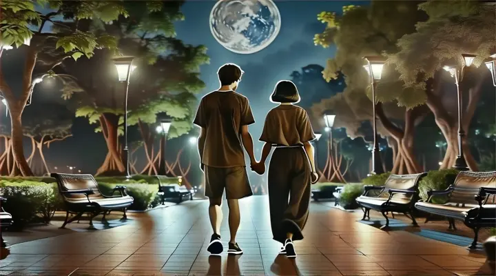 two people walking down a walkway at night