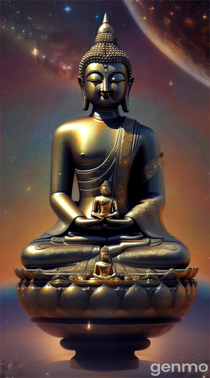 A figure  Buddha sitting on an Earth-like globe, surrounded by glittering stars, gazing out into the universe with a relaxed, meditative demeanor.