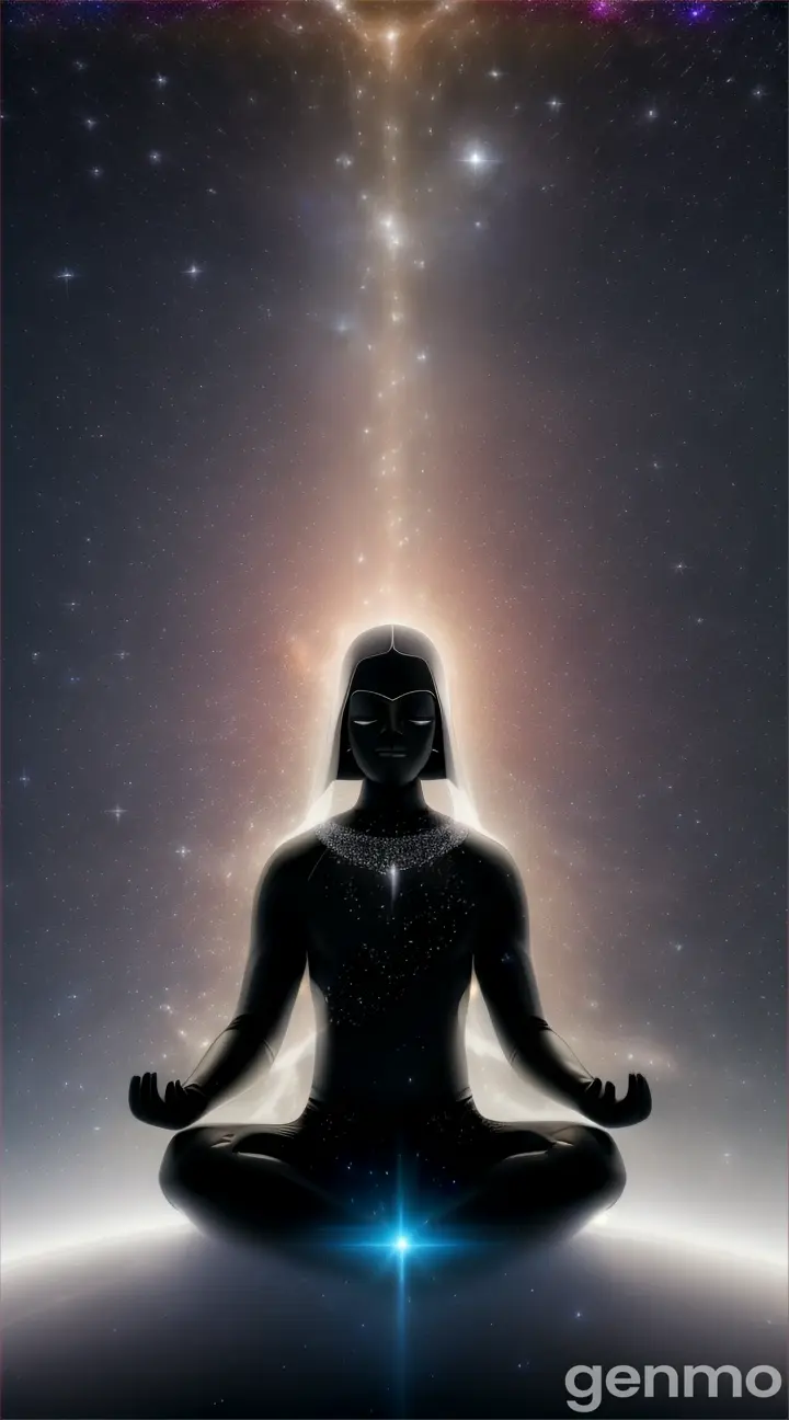 A black figure meditating above the Earth, enveloped in a glowing white aura, surrounded by a sparkling galaxy