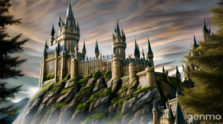 View of Hogwarts castle at Wizarding World in USJ, with characters and broomsticks as foreground