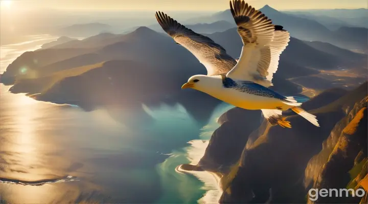 a bird flies over the mountains and ocean, a bird's-eye view, a magnificent view of the beauty of nature, high resolution shooting 8K