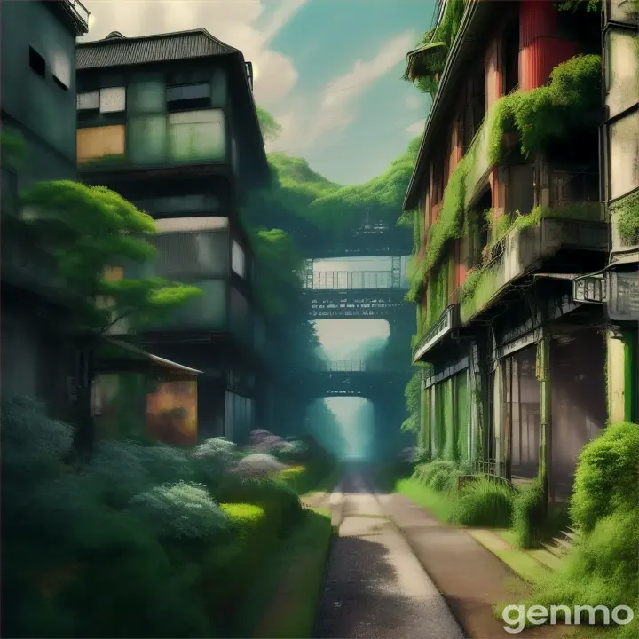 A digital or painted artwork of lush greenery overtaking old industrial buildings on Maishima island in osaka japan