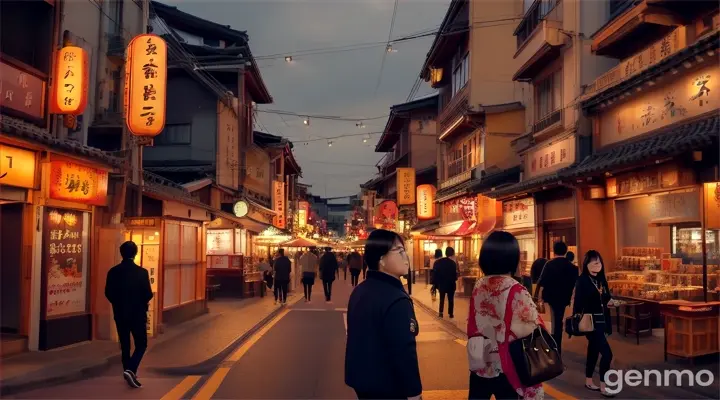 A warm, golden sunset bathing the streets of Konohana-ku as locals head to the izakayas and bars for the night in osaka japan