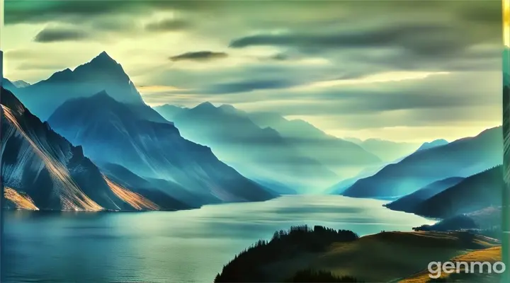 Mountain range and lake at golden hour, warm tones